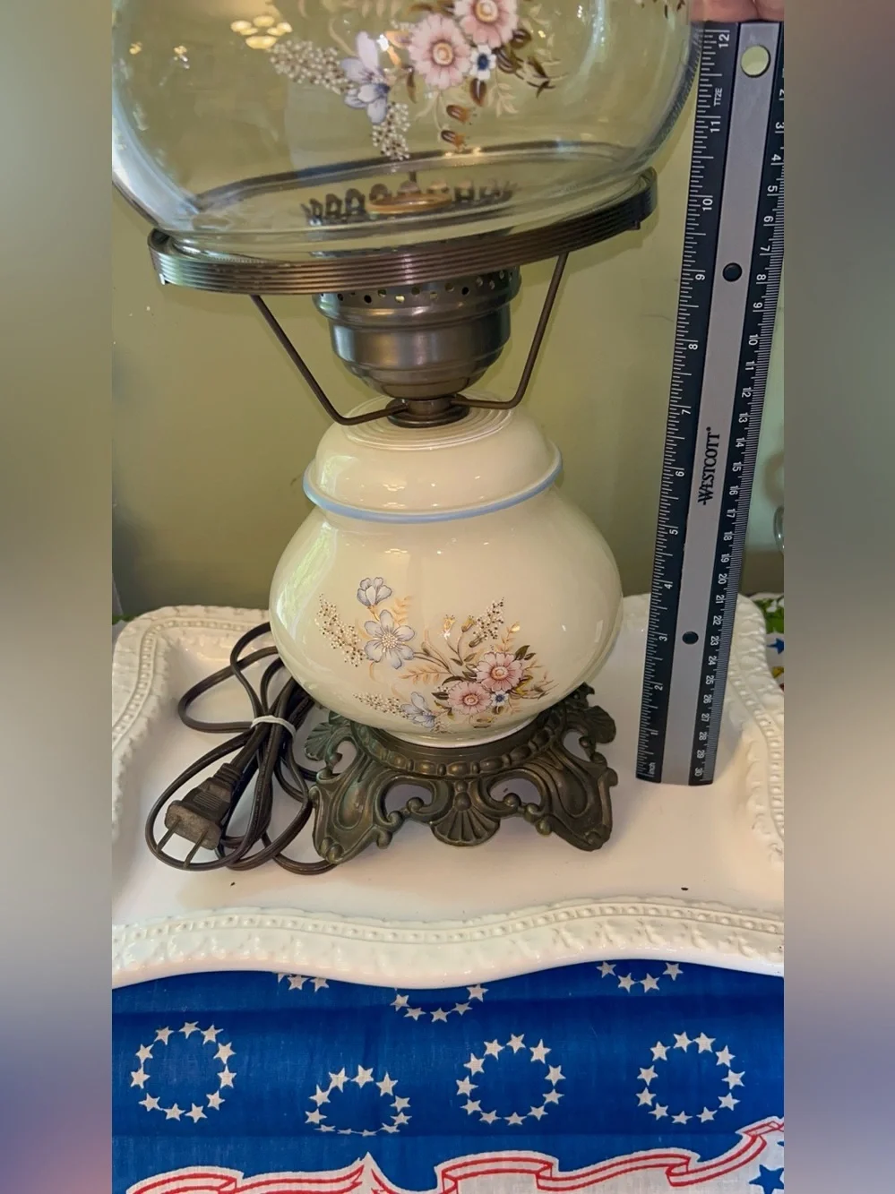 Vintage Gone with Wind Style Hurricane Lamp handpainted floral motif 3 Way Light